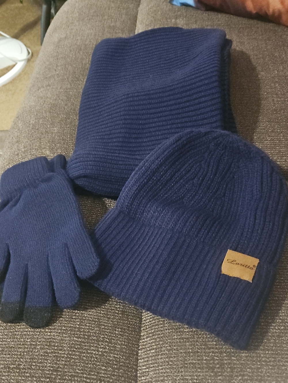 NWT 3 PC Loritta Navy Knit Beanie, Scarf & Glove Set